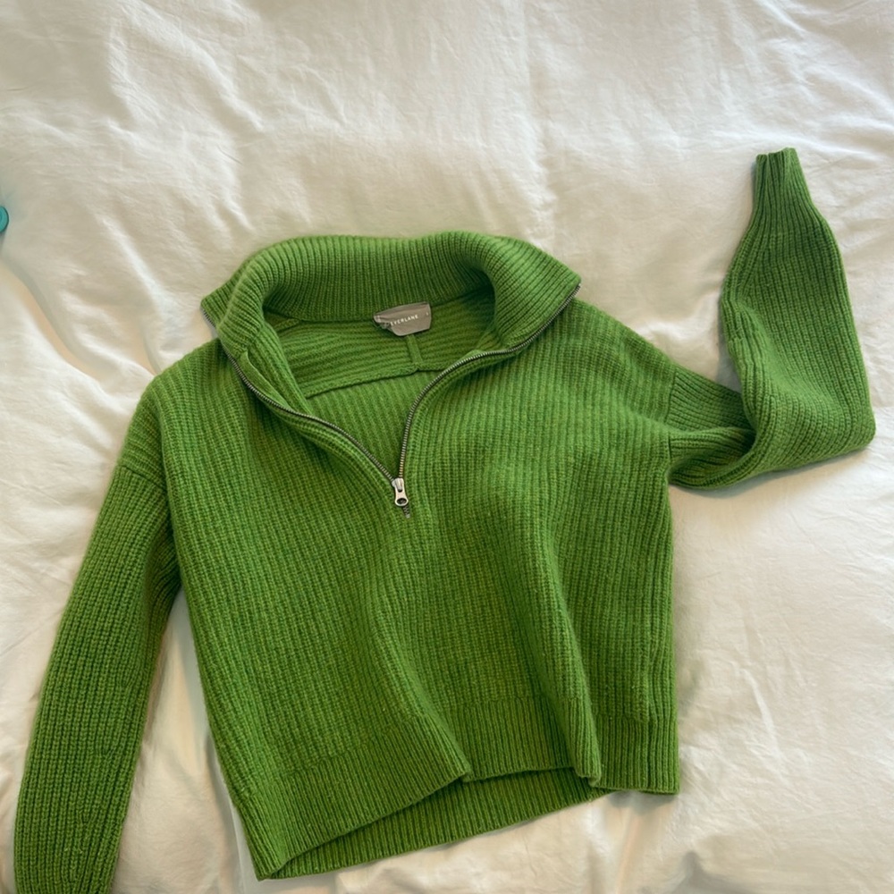 Everlane Bright Green Ribbed Half-Zip Turtleneck Sweater